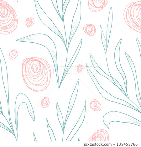 Seamless outline pattern with circles and leaves. PNG on a transparent background 135455766