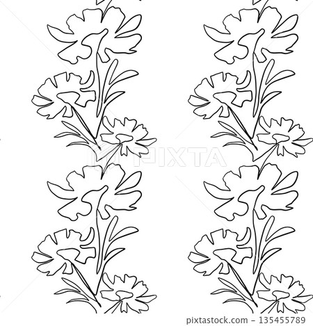 Seamless floral pattern with outline on white background. 135455789