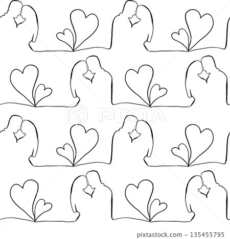 Seamless pattern with contours of hearts and couples in love on a white background. wedding 135455795