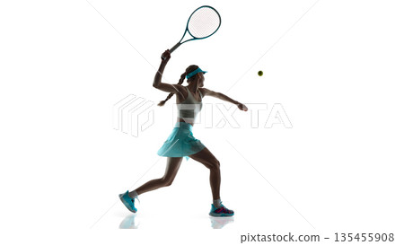 Female tennis player serving ball in dynamic motion isolated on white Female tennis player serving ball in dynamic motion isolated on white 135455908