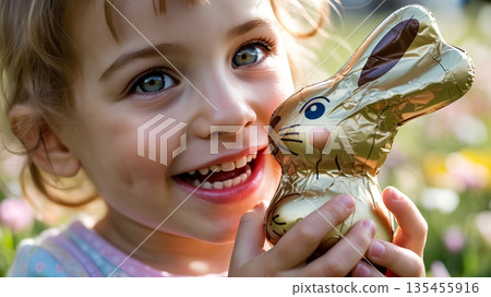 Happy, smiling girl holding a wrapped chocolate easter bunny with joy, perfect for easter sunday photos, gifts, and seasonal happiness 135455916