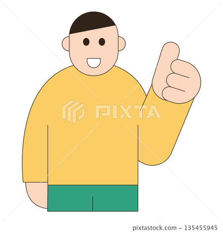 Flat character illustration of a man showing thumbs up gesture, expressing approval, success, positive feedback, and satisfaction for business, service, and communication concept. 135455945