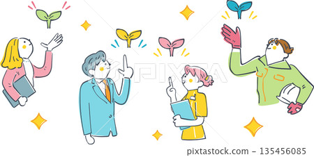 展望未來，探索未來：工人們指向閃耀的花蕾的插圖。 「閃耀的花蕾孕育未來」系列。 135456085