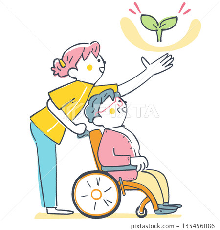 一位坐在輪椅上的老人和他的護理人員抬頭望向希望。這是關於福祉和共存的插圖。 「閃耀未來之芽」系列。 135456086