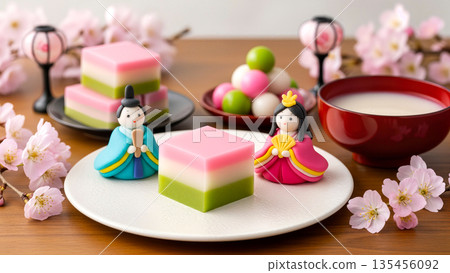 Hinamatsuri (Girl's Day) Hina dolls and diamond-shaped rice cakes Three-colored dumpling decorations Girls' Day Celebration Background material Spring March Doll's Day Japanese tradition 135456092
