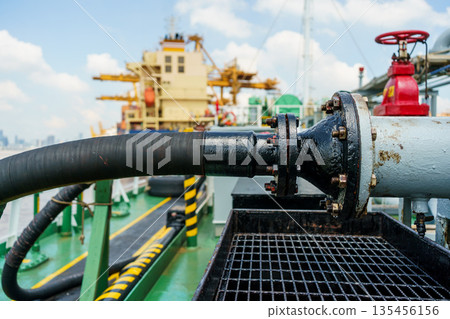 Industrial pipeline and hose system on offshore vessel deck. 135456156