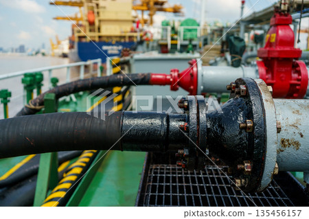Industrial pipeline and hose system on offshore vessel deck. 135456157