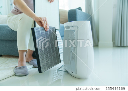 Woman changing filter of home air purifier. Woman changing filter of home air purifier. 135456169
