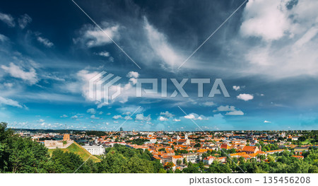 Panorama of Cityscape with Old Tower Of Gediminas or Gedimino In Vilnius, Lithuania. Tourist Destination 135456208