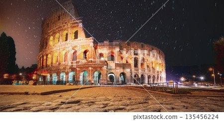 Rome, Italy. Colosseum Also Known As Flavian Amphitheatre In Night Rome, Italy. Colosseum Also Known As Flavian Amphitheatre In Night 135456224