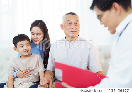 Asian elderly man with family are talking with doctor. 135456377