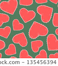 Pink hearts vector seamless pattern. Cute bright heart shapes on green background. Coquette minimalist repeat tile for Valentine's Day. Romantic love design for cards, stationery, fabrics, print  135456394