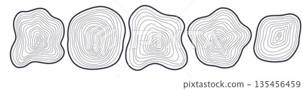 Set of abstract hand drawn tree rings. Minimal topographic map concept. Blobs of wavy dynamic lines. Thin black lines on transparent background. Vector EPS 10 with Editable line thickness 135456459