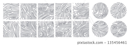 Abstract Wooden texture bib set. Hand drawn wood tree rings. Graphics round, square elements, outline tree rings, stumps structure. Decorative nature cutting wood circle. Vector illustration. Abstract Wooden texture bib set. Hand drawn wood tree rings. Graphics round, square elements, outline tree rings, stumps structure. Decorative nature cutting wood circle. Vector illustration. 135456461