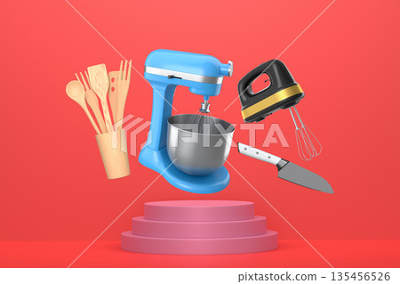 Set of kitchen appliances and wooden utensils floating above podium, minimalistic style on abstract background 135456526