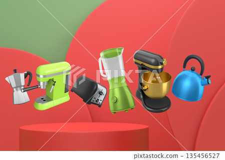 Set of kitchen appliances including mixer, toaster, blender, and coffee maker on white colorful podium and background Set of kitchen appliances including mixer, toaster, blender, and coffee maker on white colorful podium and background 135456527