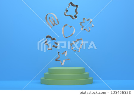 Set of cookie cutters float above podium with abstract background, symbolizing baking creativity Set of cookie cutters float above podium with abstract background, symbolizing baking creativity 135456528