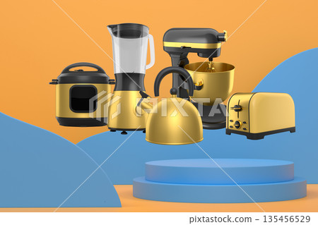 Set of kitchen appliances and utensils floating in mid-air over podium and abstract background, modern cooking concepts 135456529