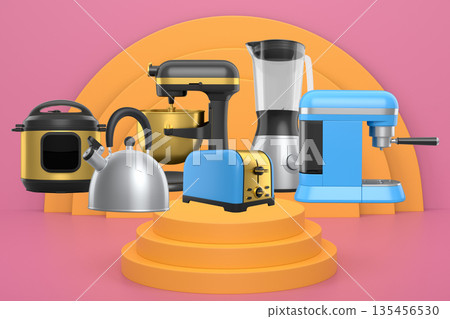 Set of kitchen appliances including mixer, toaster, blender, and coffee maker on white colorful podium and background 135456530