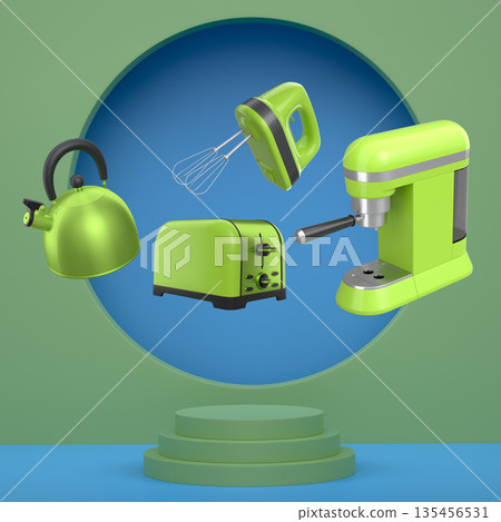 Assorted kitchen appliances including mixer, toaster, kettle and coffee maker over podium on abstract background Assorted kitchen appliances including mixer, toaster, kettle and coffee maker over podium on abstract background 135456531