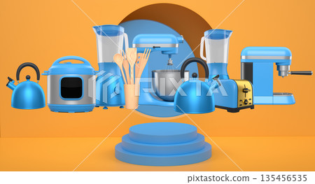 Set of kitchen appliances including mixer, toaster, blender, and coffee maker on white colorful podium and background Set of kitchen appliances including mixer, toaster, blender, and coffee maker on white colorful podium and background 135456535