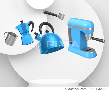 Set of kettle, moka pot and portafilter with black handles floating above pedestal and abstract minimal abstract background, 135456536