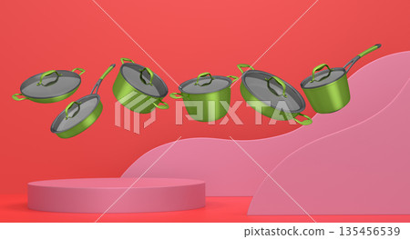 Set of kitchen cookware set with lids floating in midair, over colorfull podium and backdrop, concept of premium utensils Set of kitchen cookware set with lids floating in midair, over colorfull podium and backdrop, concept of premium utensils 135456539