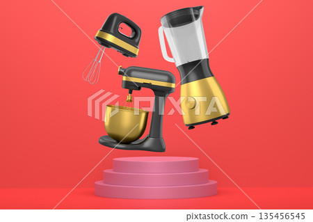 Set of kitchen appliances including blender, mixer, toaster, and hand mixer, floating over podium on abstract background Set of kitchen appliances including blender, mixer, toaster, and hand mixer, floating over podium on abstract background 135456545