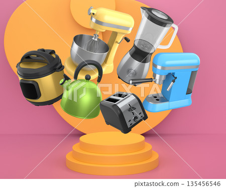 Set of kitchen appliances including mixer, toaster, blender, and coffee maker on white colorful podium and background 135456546