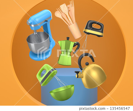 Assorted kitchen appliances including blender, toaster, kettle and coffee maker over podium on abstract background Assorted kitchen appliances including blender, toaster, kettle and coffee maker over podium on abstract background 135456547
