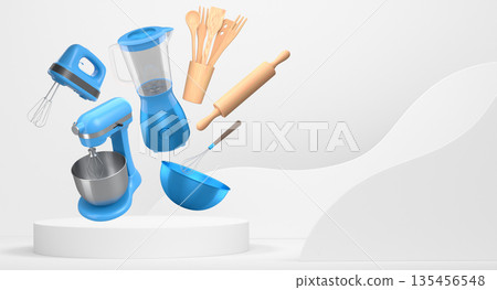 Floating kitchen tools including electric mixers, bowls, and utensils floating over podium on abstract background, baking tools 135456548