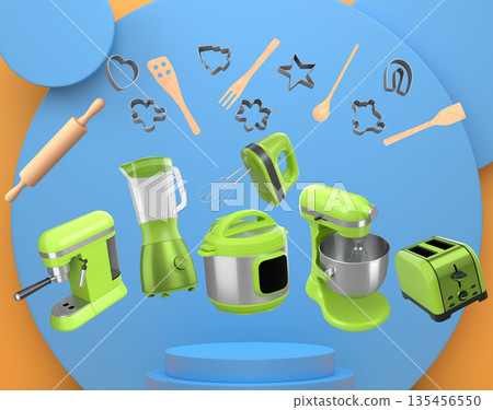 Set of kitchen appliances with baking tools and cookie cutters floating over podium, concept of modern cooking 135456550