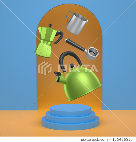 Set of kettle, moka pot and portafilter with black handles floating above pedestal and abstract minimal abstract background, 135456553