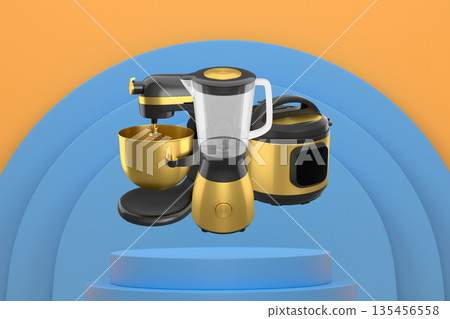 Set of kitchen appliances including a pressure cooker, blender, and mixer floating over podium on abstract background 135456558