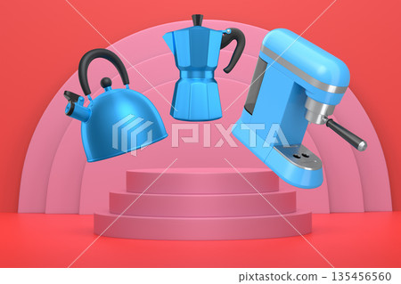 Set of kettle, moka pot and portafilter with black handles floating above pedestal and abstract minimal abstract background, 135456560