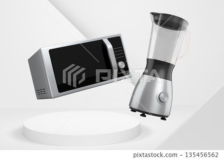 Set of microwave and blender floating above podium, minimal style, abstract background, modern kitchen appliances concept 135456562