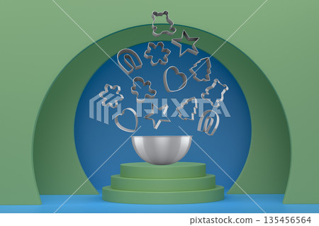 Set of cookie cutters float above a bowl and podium with abstract background, symbolizing baking creativity Set of cookie cutters float above a bowl and podium with abstract background, symbolizing baking creativity 135456564