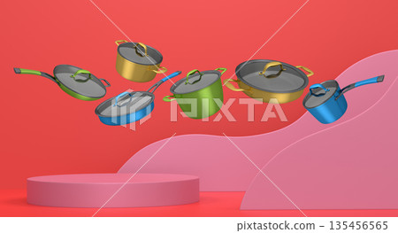 Set of kitchen cookware set with lids floating in midair, over colorfull podium and backdrop, concept of premium utensils 135456565