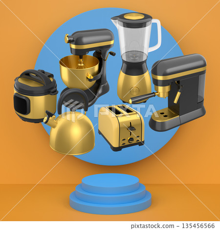 Set of kitchen appliances including mixer, toaster, blender, and coffee maker on white colorful podium and background Set of kitchen appliances including mixer, toaster, blender, and coffee maker on white colorful podium and background 135456566