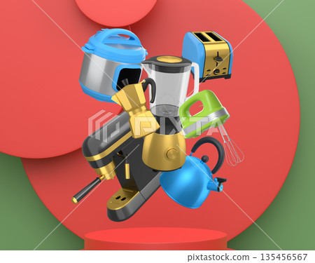 Set of kitchen appliances including mixer, toaster, blender, and coffee maker on white colorful podium and background 135456567