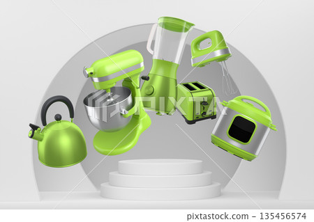 Set of kitchen appliances including mixer, toaster, blender, and coffee maker on white colorful podium and background 135456574