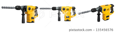Set of electric rotary hammers with side handles and drill bits, isolated on white transparent background, concept of power tools Set of electric rotary hammers with side handles and drill bits, isolated on white transparent background, concept of power tools 135456576