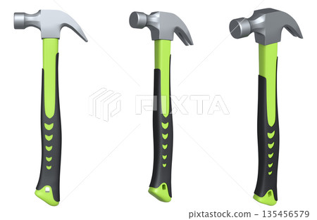 Set of claw hammers with yellow, green, and blue grips isolated on white background, concept of construction tools 135456579