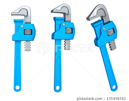 Set of colorful pipe wrenches with metallic jaws isolated on white background with clipping path, concept of construction tools Set of colorful pipe wrenches with metallic jaws isolated on white background with clipping path, concept of construction tools 135456581