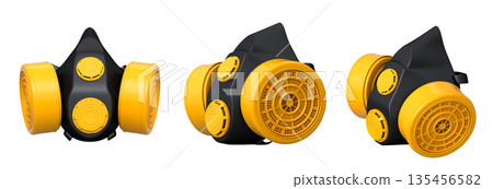 Set of professional respirator gas masks with dual filters on white background with clipping path. Concept of construction tools Set of professional respirator gas masks with dual filters on white background with clipping path. Concept of construction tools 135456582