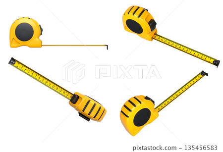 Set of measuring tapes in green, blue, and yellow with extended rulers, isolated on white background with clipping path Set of measuring tapes in green, blue, and yellow with extended rulers, isolated on white background with clipping path 135456583