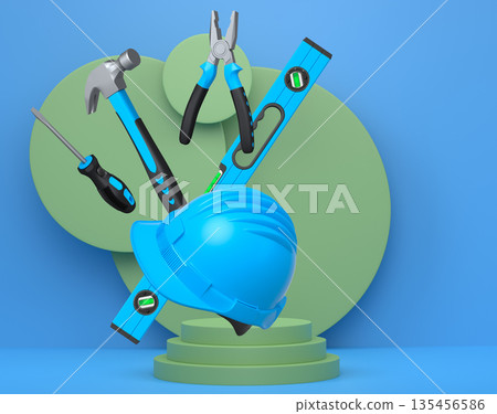 Construction tools and safety equipment floating over podium on abstract background, industrial work and protection concept Construction tools and safety equipment floating over podium on abstract background, industrial work and protection concept 135456586