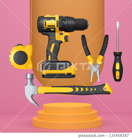 Construction tools and safety equipment floating over podium on abstract background, industrial work and protection concept Construction tools and safety equipment floating over podium on abstract background, industrial work and protection concept 135456587