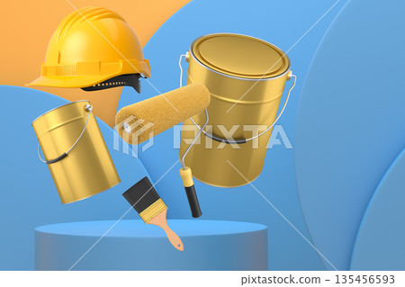 Hard hat, paint bucket and roller brush floating in air over podium on abstract background, renovation and construction tools 135456593