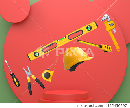 Construction tools and safety equipment floating over podium on abstract background, industrial work and protection concept 135456597